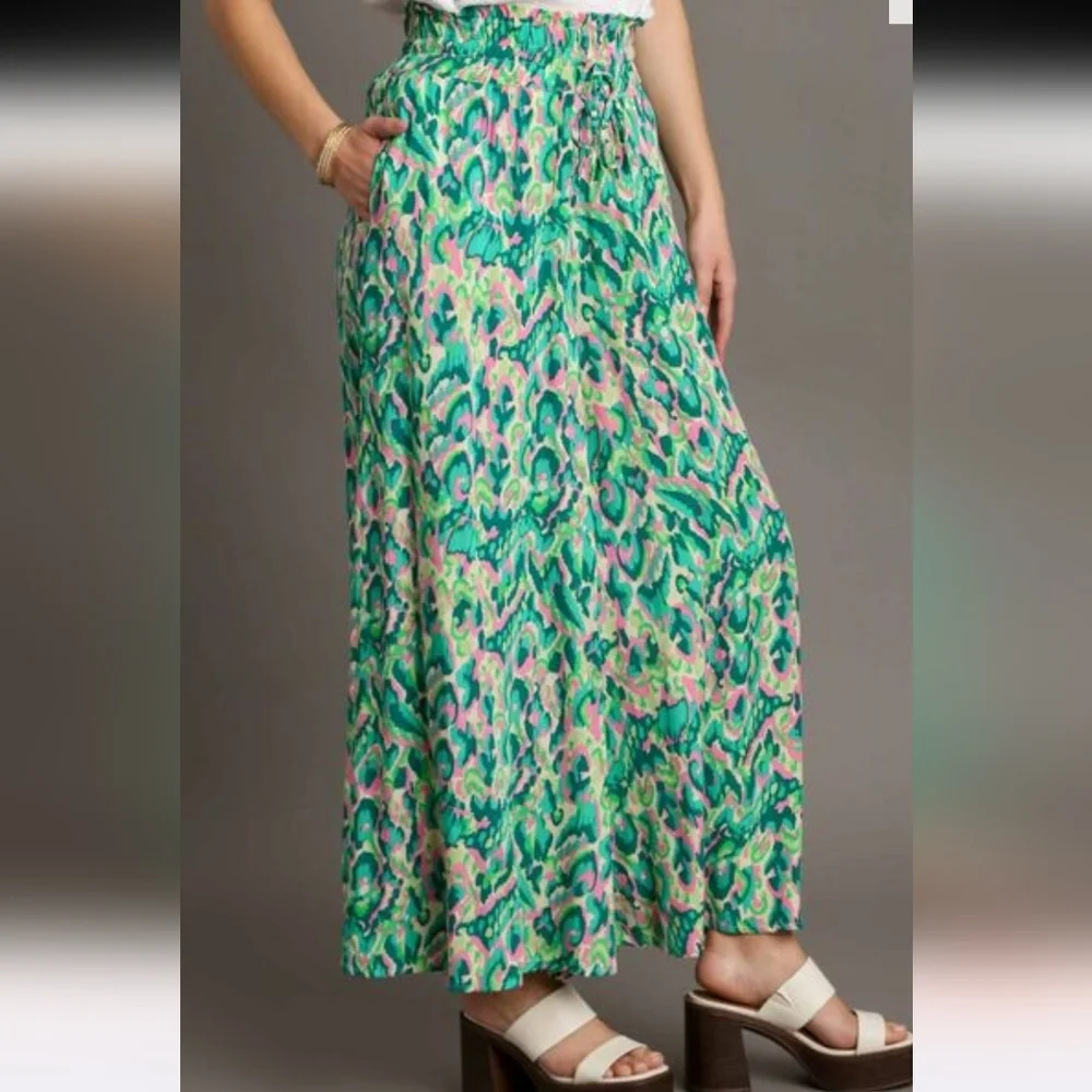 Umgee Pink Green Mixed Print High Waist Wide Leg Pants - Size: L NWT - Picture 3 of 4